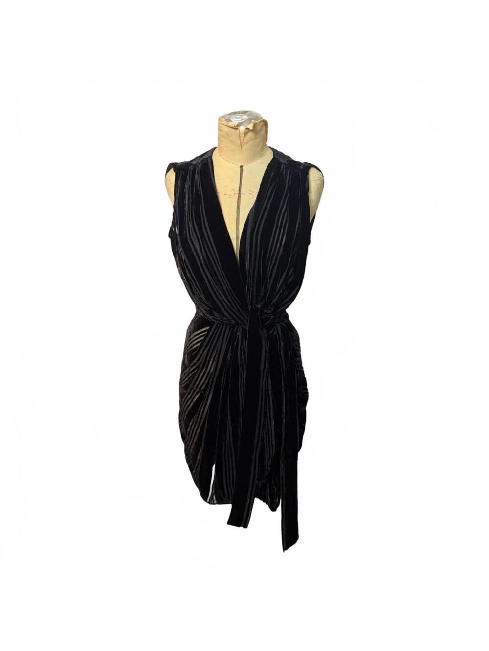 L'AGENCE Black Sleeveless Velvet Dress with Tie Waist